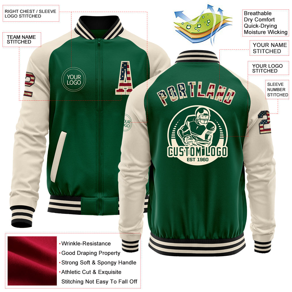 Custom Kelly Green Vintage USA Flag Cream-Black Bomber Varsity Letterman Two Tone Zipper Jacket view 4