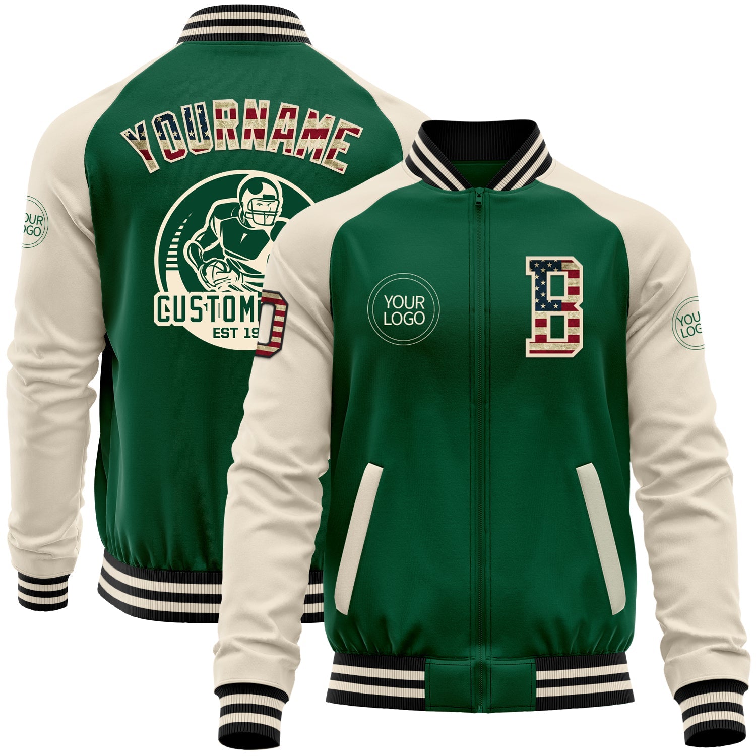Custom Kelly Green Vintage USA Flag Cream-Black Bomber Varsity Letterman Two Tone Zipper Jacket - Main View
