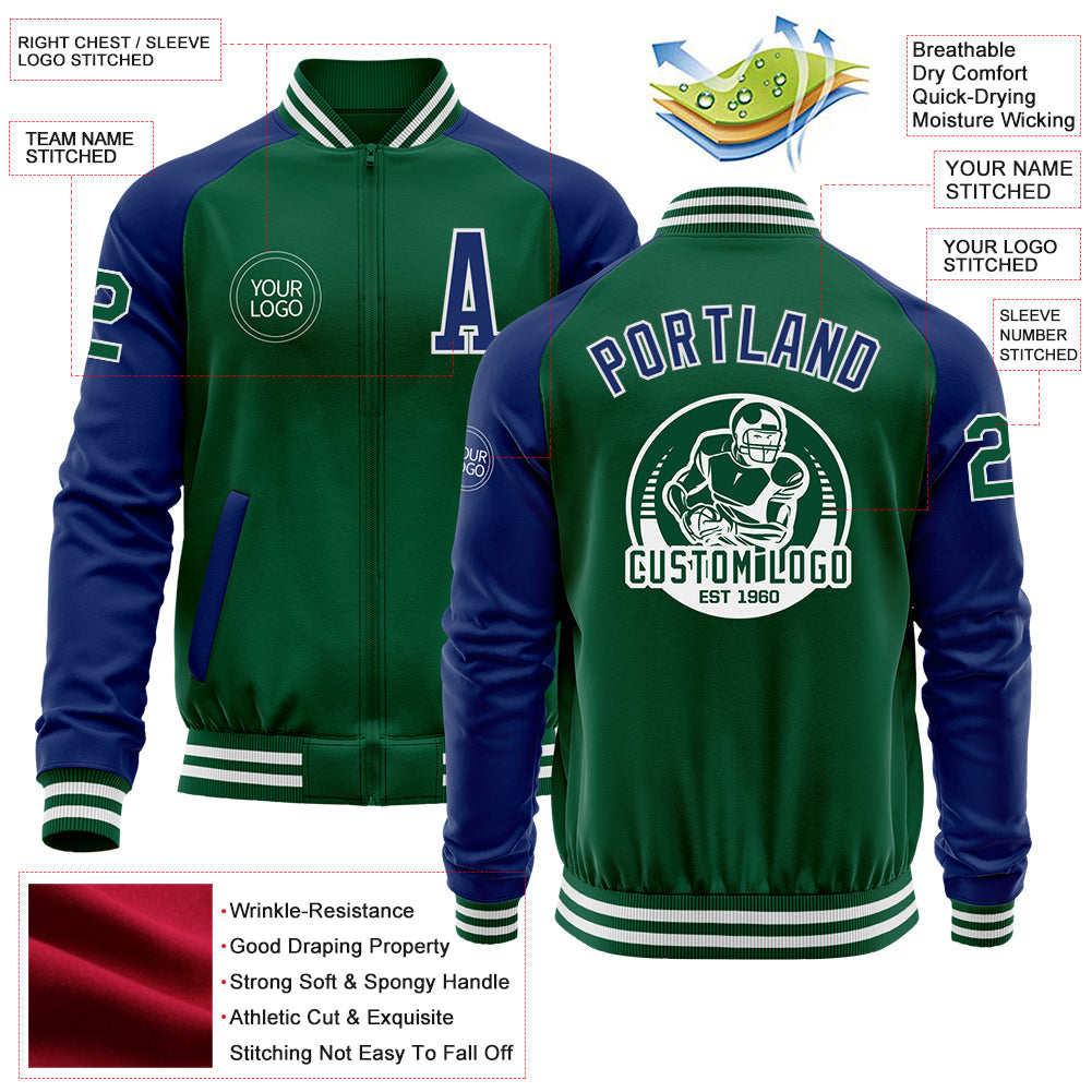 Custom Kelly Green Royal-White Bomber Varsity Letterman Two Tone Zipper Jacket view 4