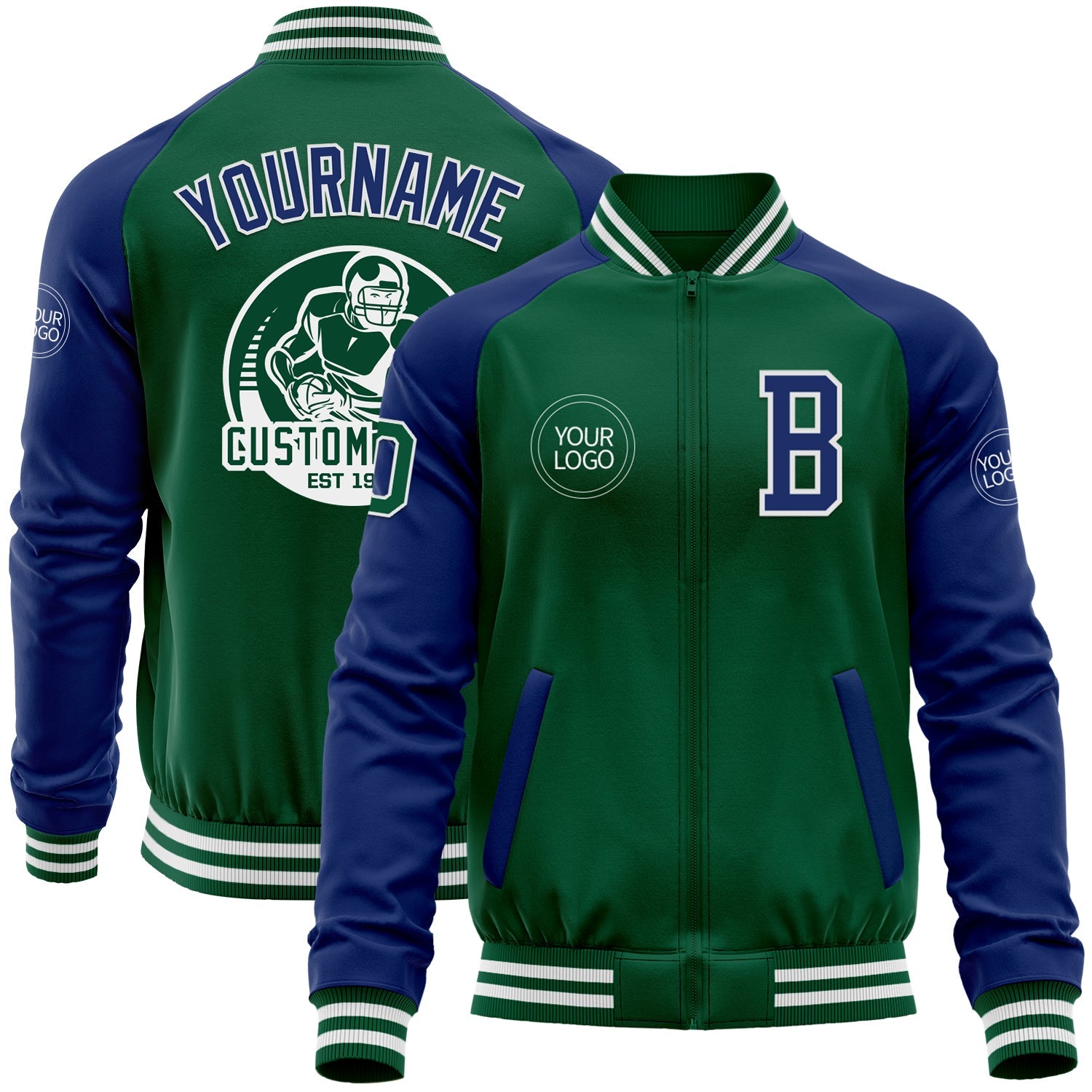 Custom Kelly Green Royal-White Bomber Varsity Letterman Two Tone Zipper Jacket - Main View