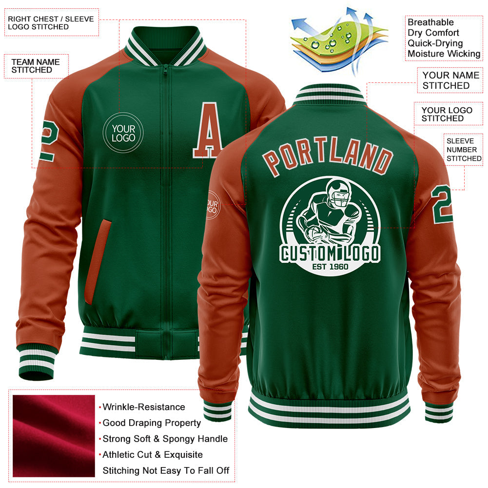 Custom Kelly Green Texas Orange-White Bomber Varsity Letterman Two Tone Zipper Jacket view 4