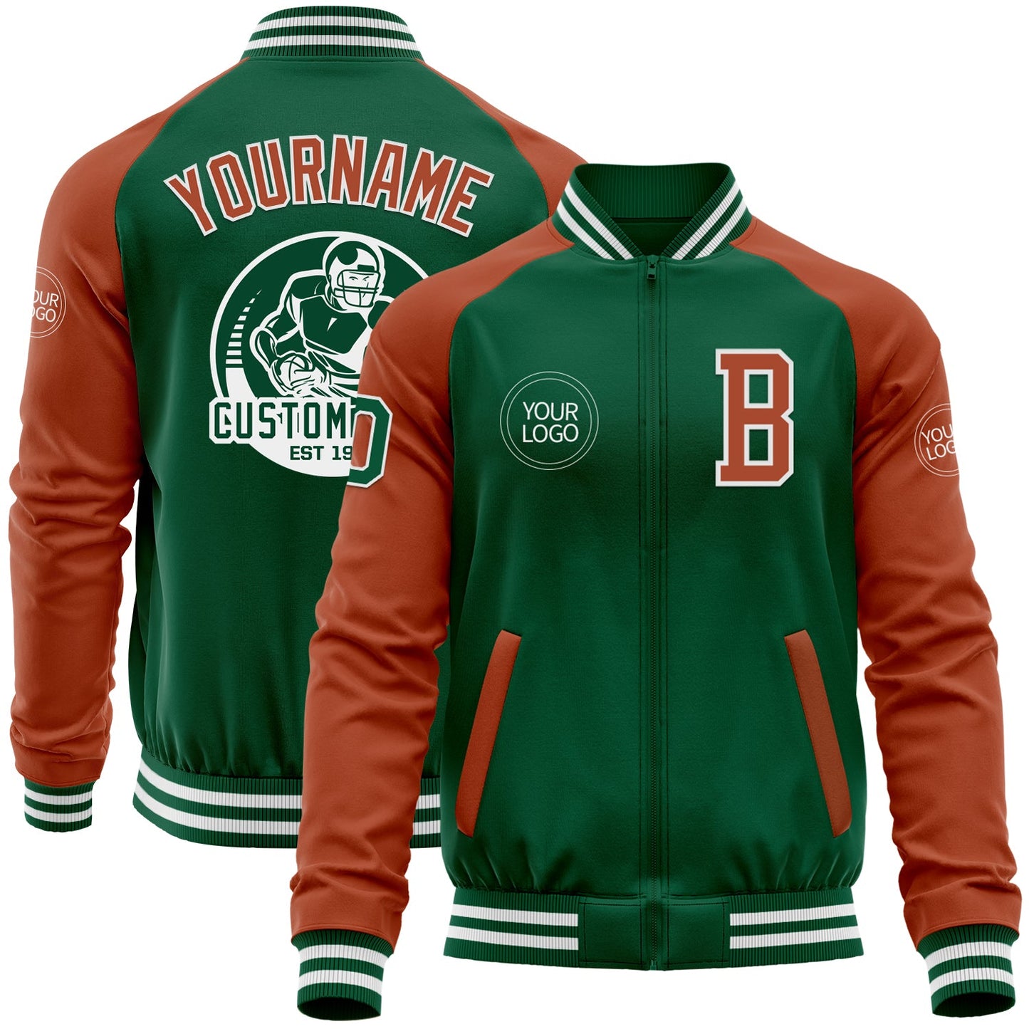 Custom Kelly Green Texas Orange-White Bomber Varsity Letterman Two Tone Zipper Jacket - Main View