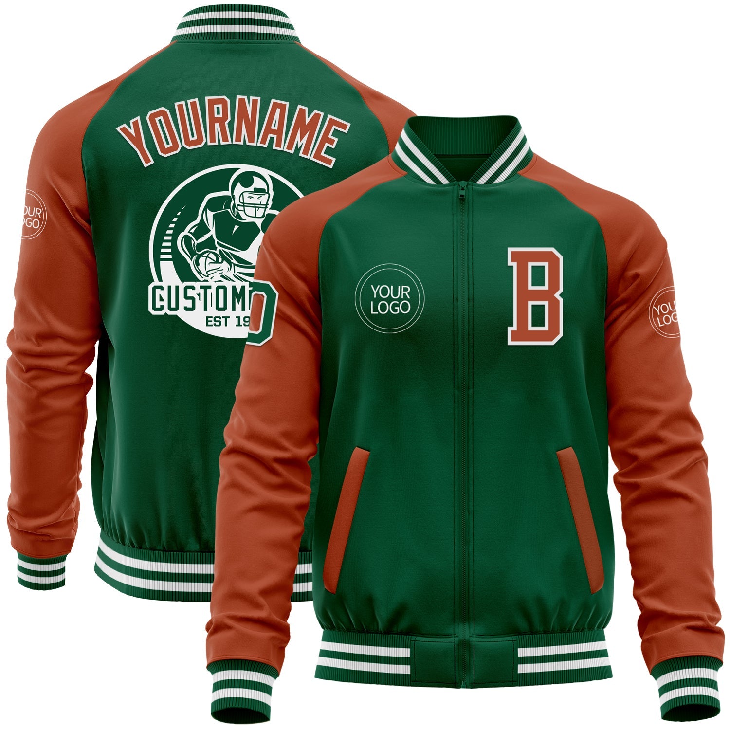 Custom Kelly Green Texas Orange-White Bomber Varsity Letterman Two Tone Zipper Jacket - Main View