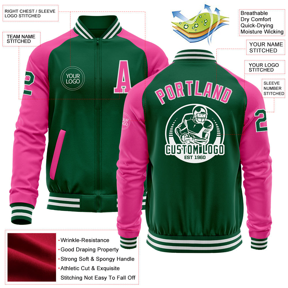 Custom Kelly Green Pink-White Bomber Varsity Letterman Two Tone Zipper Jacket view 4
