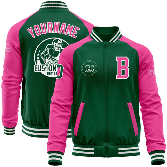 Custom Kelly Green Pink-White Bomber Varsity Letterman Two Tone Zipper Jacket - Main View
