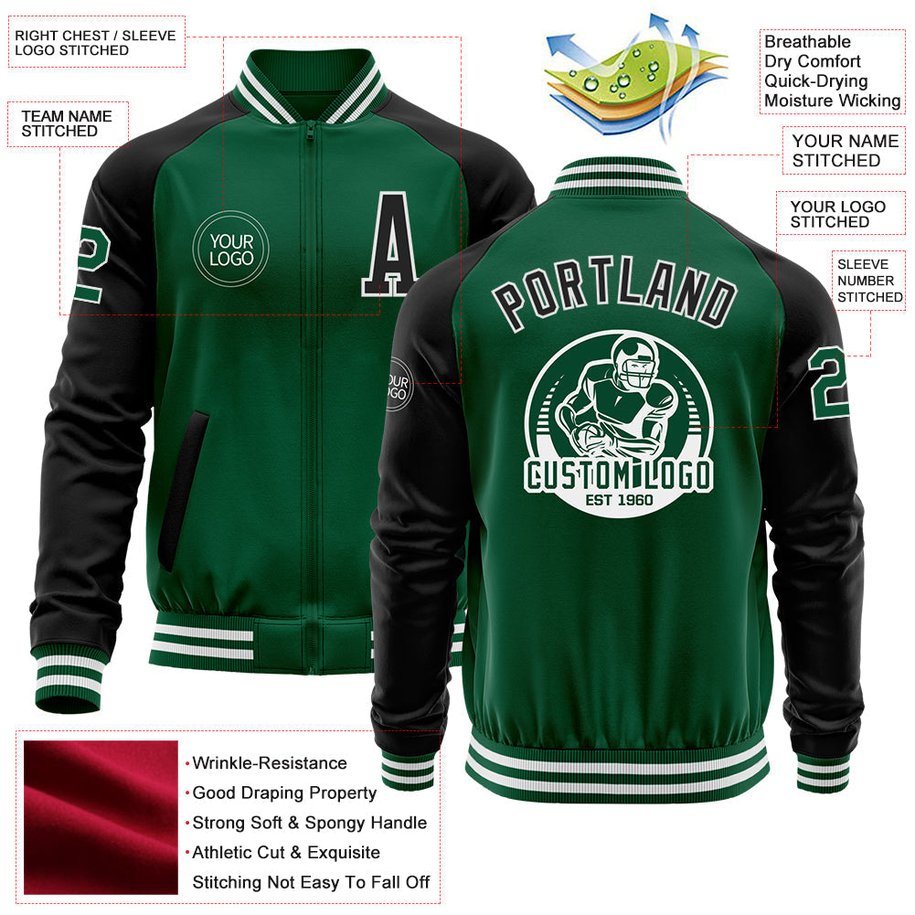 Custom Kelly Green Black-White Bomber Varsity Letterman Two Tone Zipper Jacket view 4