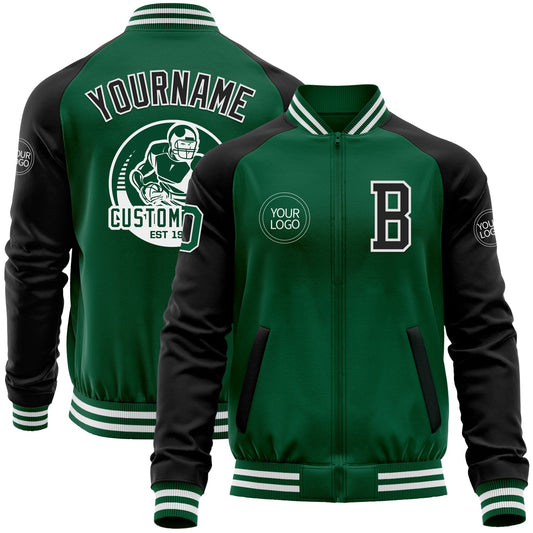 Custom Kelly Green Black-White Bomber Varsity Letterman Two Tone Zipper Jacket - Main View