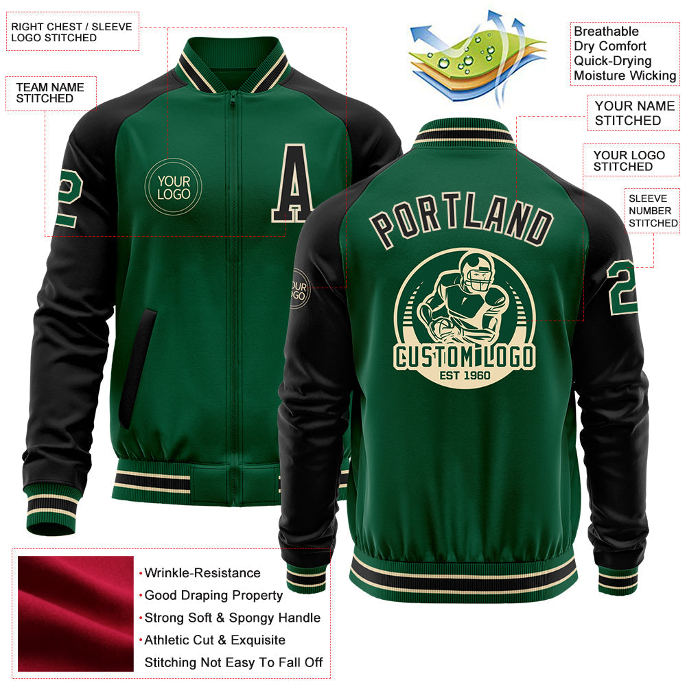 Custom Kelly Green Black-Cream Bomber Varsity Letterman Two Tone Zipper Jacket view 4
