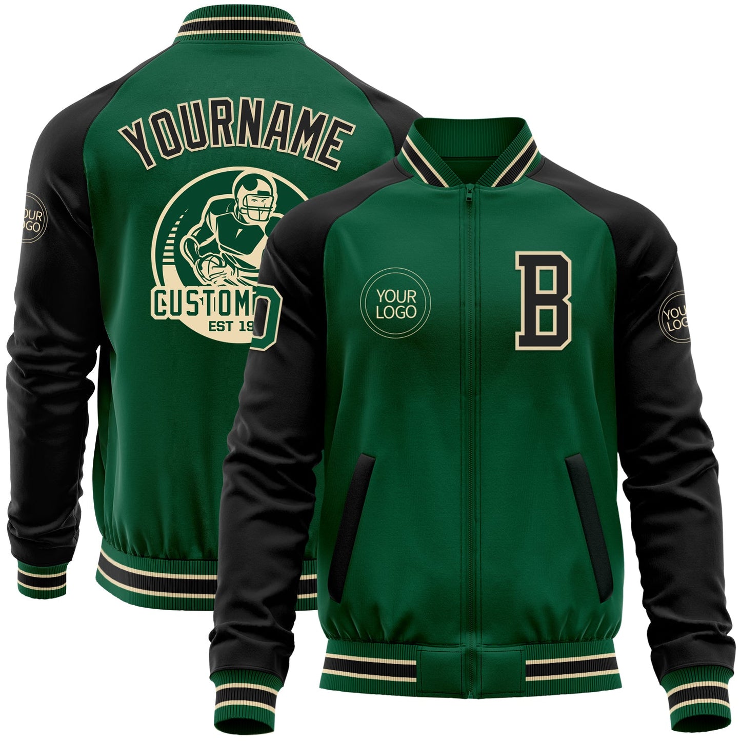 Custom Kelly Green Black-Cream Bomber Varsity Letterman Two Tone Zipper Jacket - Main View