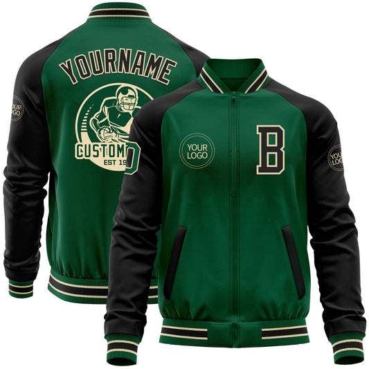 Custom Kelly Green Black-Cream Bomber Varsity Letterman Two Tone Zipper Jacket - Main View