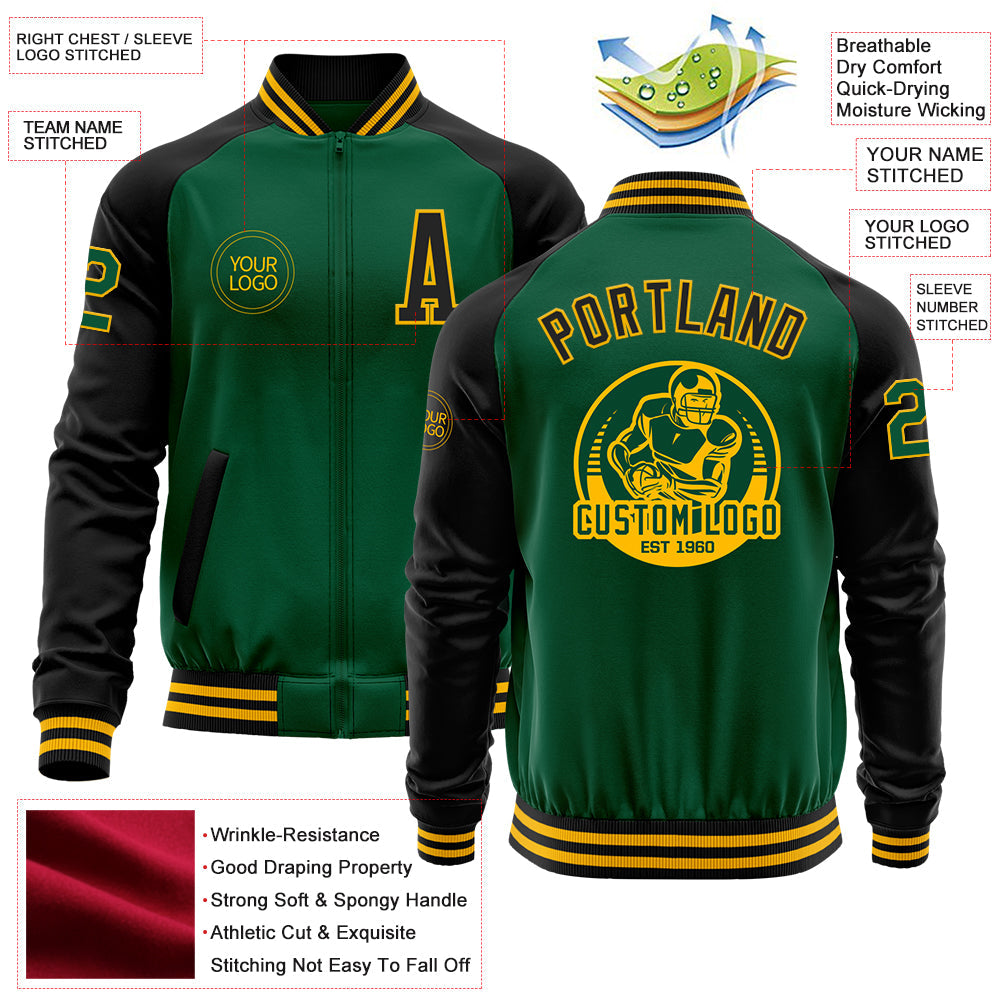 Custom Kelly Green Black-Gold Bomber Varsity Letterman Two Tone Zipper Jacket view 4