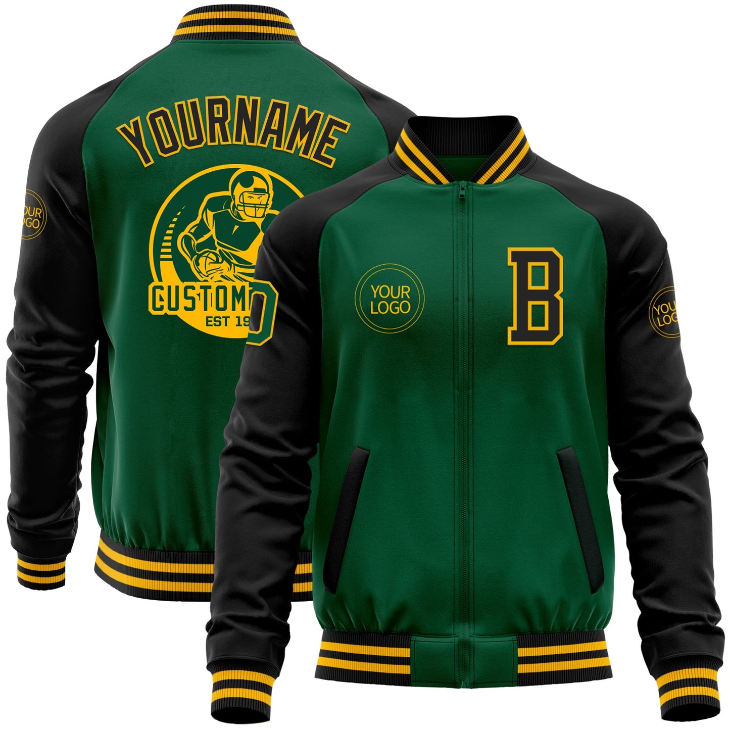 Custom Kelly Green Black-Gold Bomber Varsity Letterman Two Tone Zipper Jacket - Main View