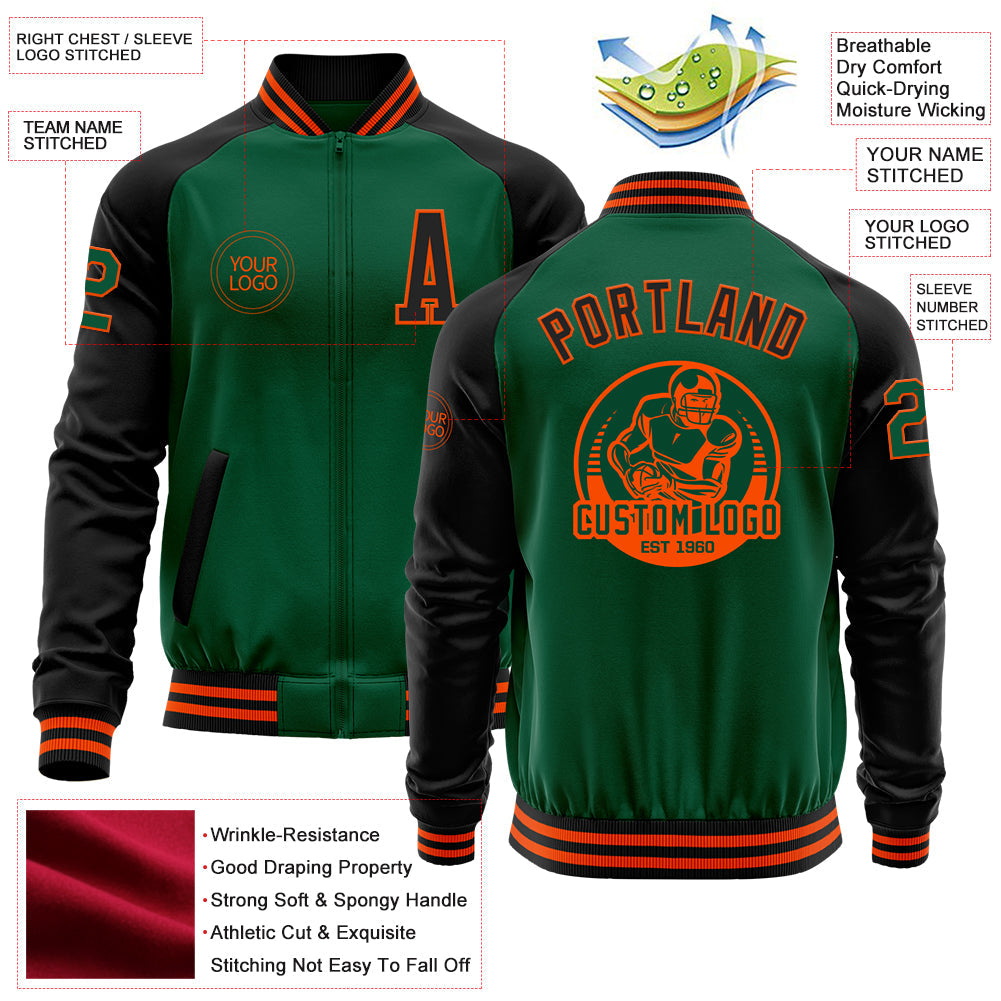 Custom Kelly Green Black-Orange Bomber Varsity Letterman Two Tone Zipper Jacket view 4