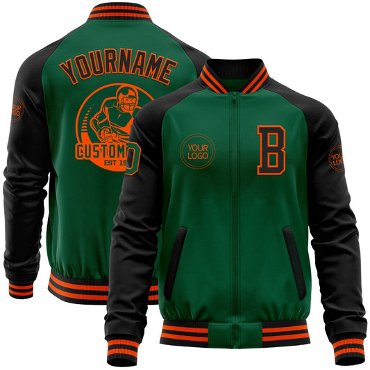 Custom Kelly Green Black-Orange Bomber Varsity Letterman Two Tone Zipper Jacket - Main View