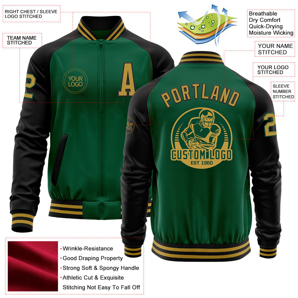 Custom Kelly Green Old Gold-Black Bomber Varsity Letterman Two Tone Zipper Jacket view 4