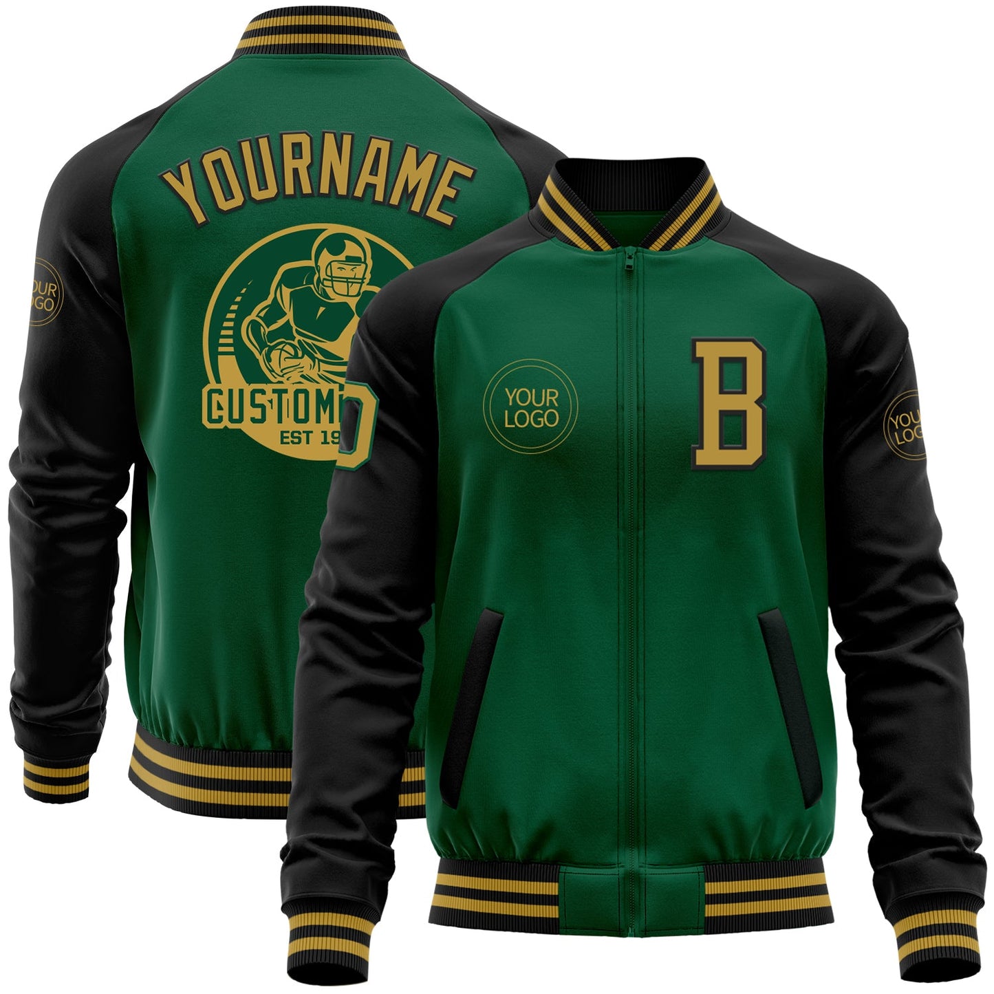 Custom Kelly Green Old Gold-Black Bomber Varsity Letterman Two Tone Zipper Jacket - Main View