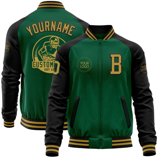 Custom Kelly Green Old Gold-Black Bomber Varsity Letterman Two Tone Zipper Jacket - Main View