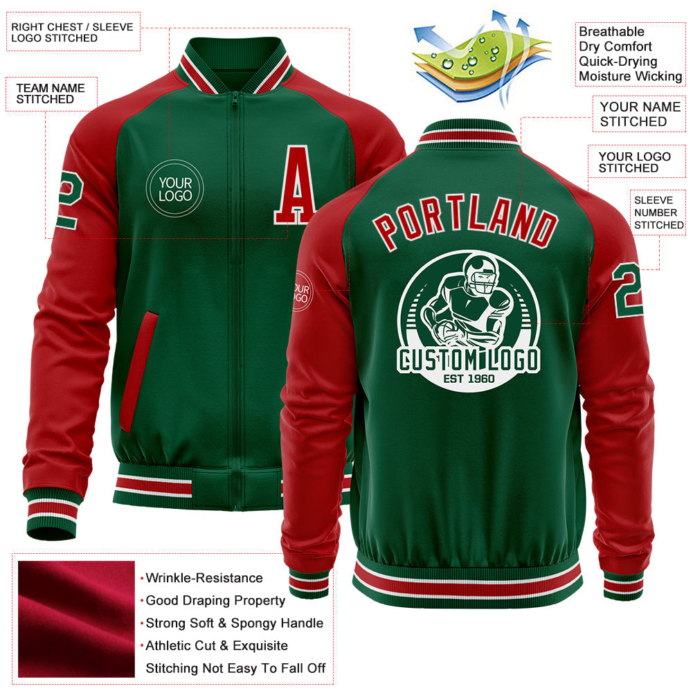 Custom Kelly Green Red-White Bomber Varsity Letterman Two Tone Zipper Jacket view 4