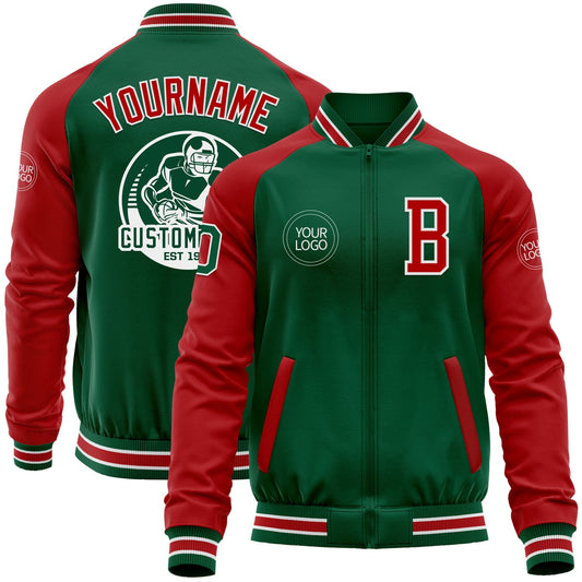 Custom Kelly Green Red-White Bomber Varsity Letterman Two Tone Zipper Jacket - Main View
