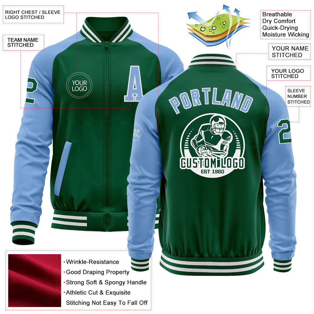 Custom Kelly Green Light Blue-White Bomber Varsity Letterman Two Tone Zipper Jacket view 4