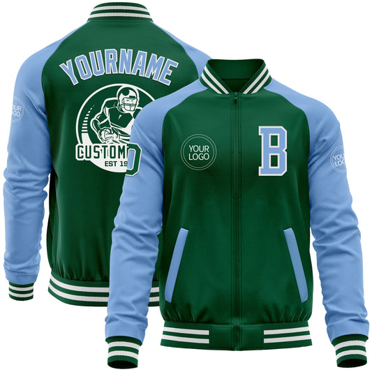 Custom Kelly Green Light Blue-White Bomber Varsity Letterman Two Tone Zipper Jacket - Main View