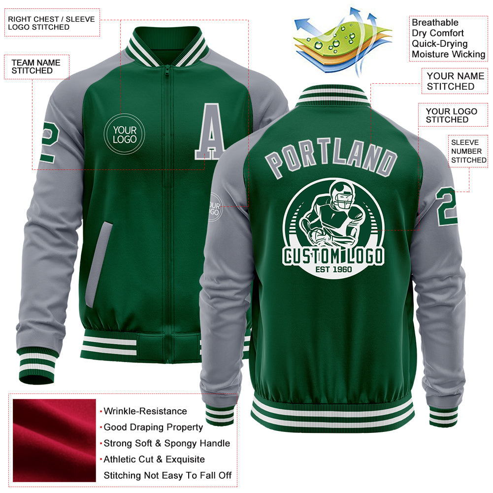 Custom Kelly Green Gray-White Bomber Varsity Letterman Two Tone Zipper Jacket view 4