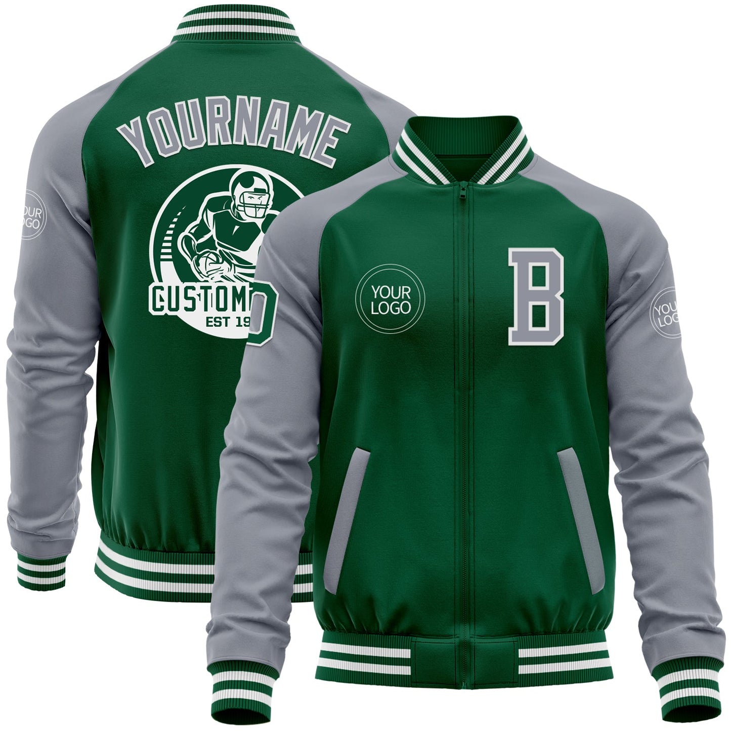 Custom Kelly Green Gray-White Bomber Varsity Letterman Two Tone Zipper Jacket - Main View
