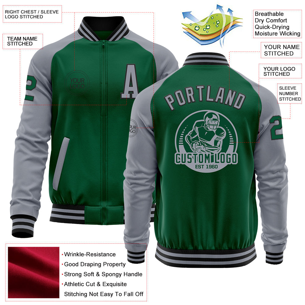 Custom Kelly Green Gray-Black Bomber Varsity Letterman Two Tone Zipper Jacket view 4