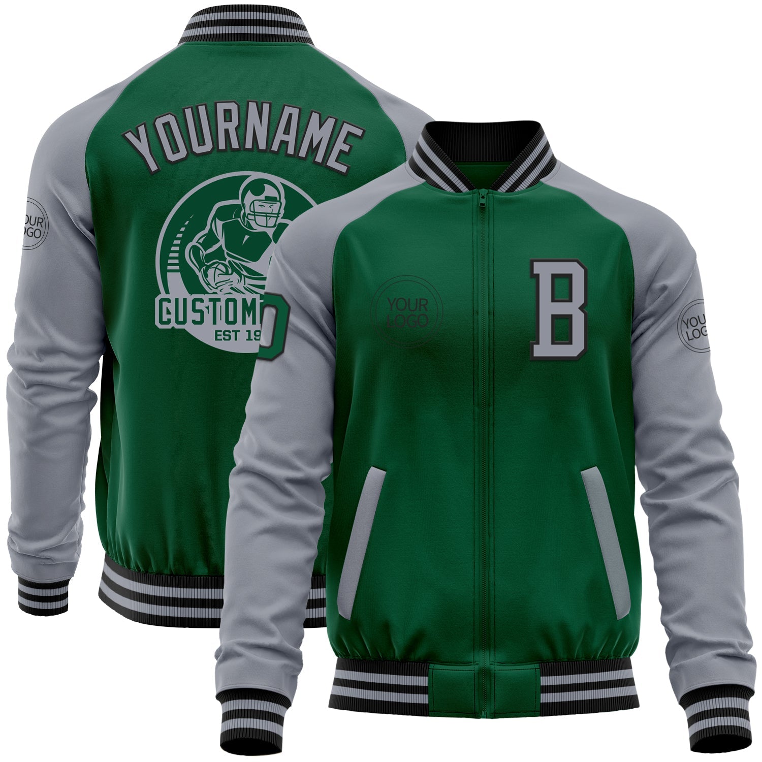 Custom Kelly Green Gray-Black Bomber Varsity Letterman Two Tone Zipper Jacket - Main View