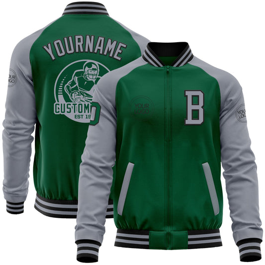 Custom Kelly Green Gray-Black Bomber Varsity Letterman Two Tone Zipper Jacket - Main View