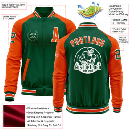 Custom Kelly Green Orange-White Bomber Varsity Letterman Two Tone Zipper Jacket view 4