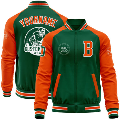 Custom Kelly Green Orange-White Bomber Varsity Letterman Two Tone Zipper Jacket - Main View