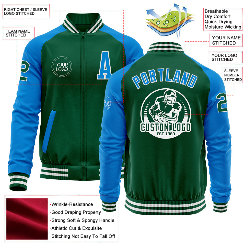 Custom Kelly Green Powder Blue-White Bomber Varsity Letterman Two Tone Zipper Jacket view 4