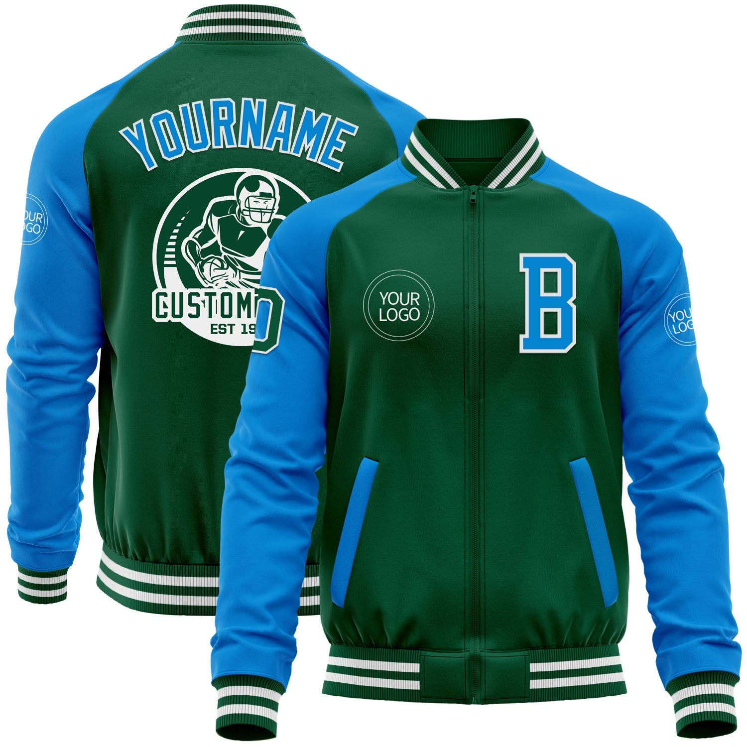 Custom Kelly Green Powder Blue-White Bomber Varsity Letterman Two Tone Zipper Jacket - Main View