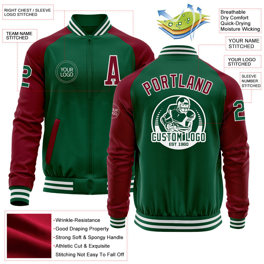 Custom Kelly Green Crimson-White Bomber Varsity Letterman Two Tone Zipper Jacket view 4