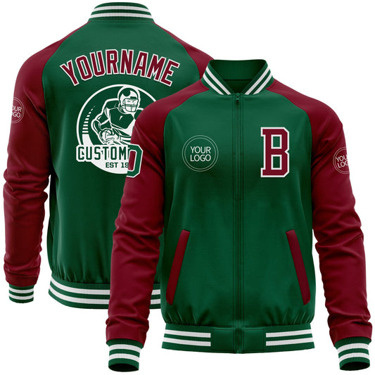 Custom Kelly Green Crimson-White Bomber Varsity Letterman Two Tone Zipper Jacket - Main View