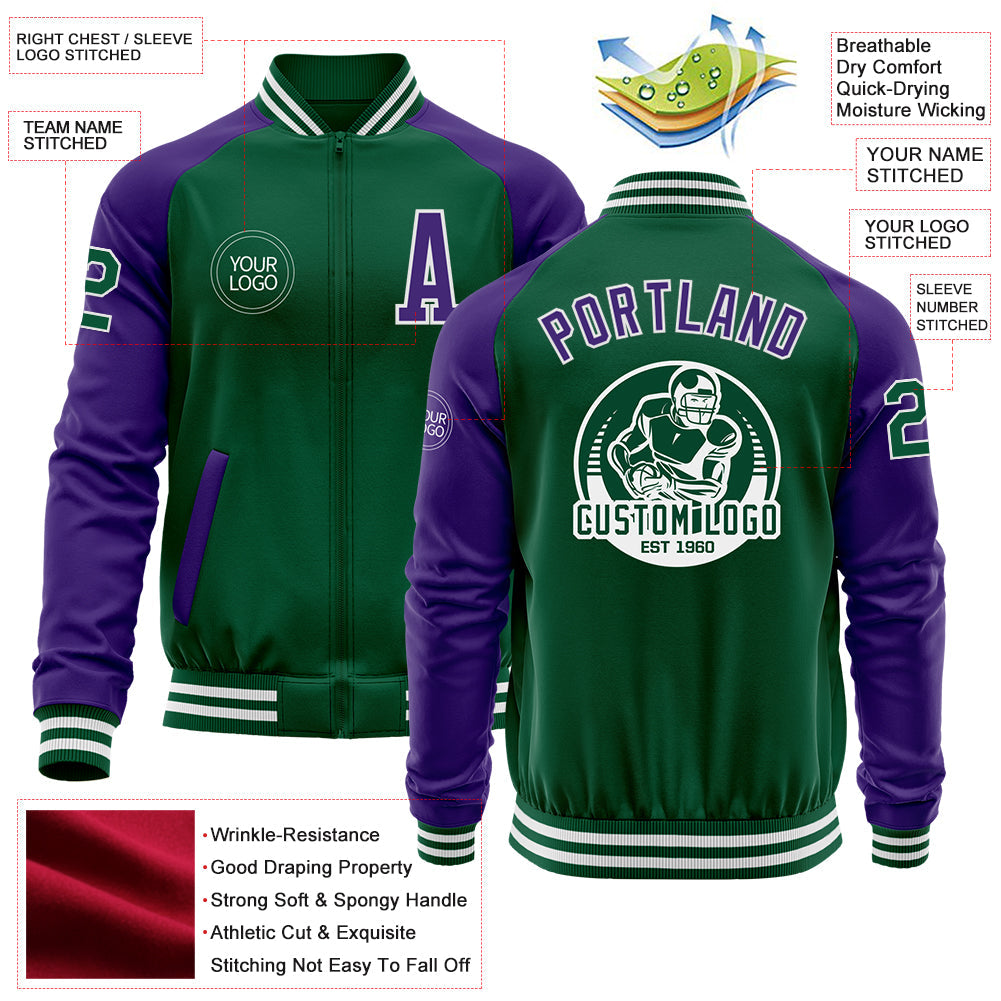 Custom Kelly Green Purple-White Bomber Varsity Letterman Two Tone Zipper Jacket view 4