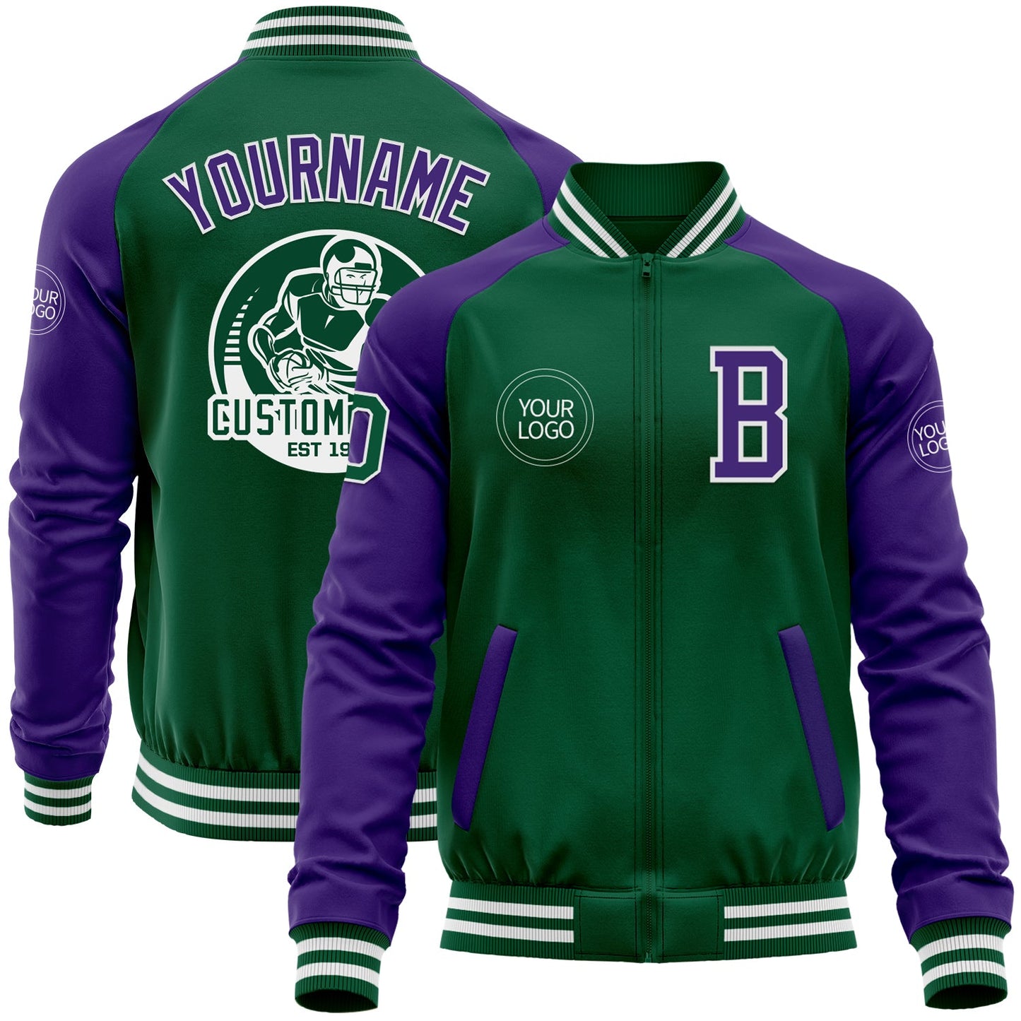 Custom Kelly Green Purple-White Bomber Varsity Letterman Two Tone Zipper Jacket - Main View