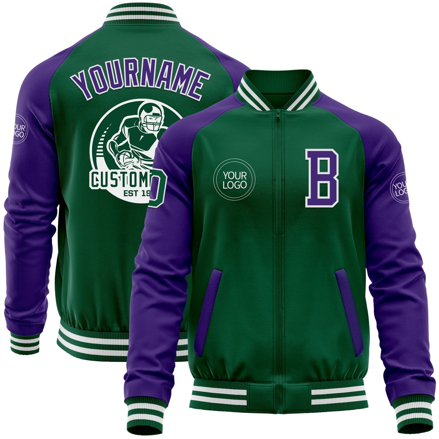 Custom Kelly Green Purple-White Bomber Varsity Letterman Two Tone Zipper Jacket - Main View
