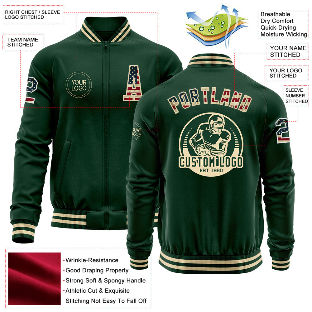 Custom Green Vintage USA Flag-Cream Bomber Varsity Letterman Zipper Jacket view 4