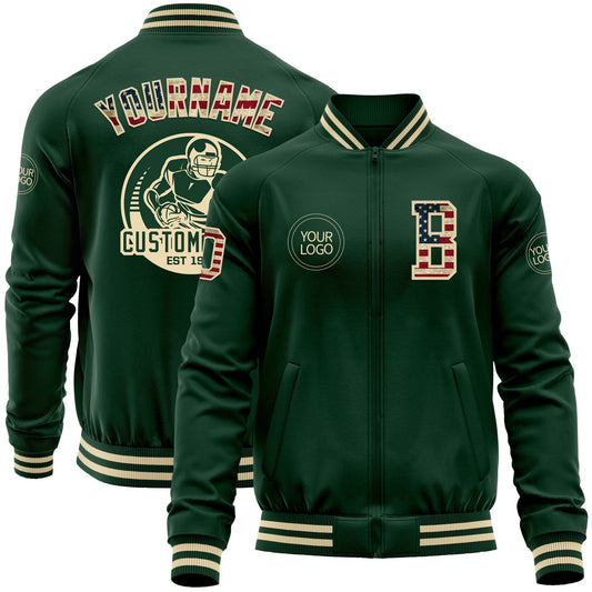 Custom Green Vintage USA Flag-Cream Bomber Varsity Letterman Zipper Jacket - Main View