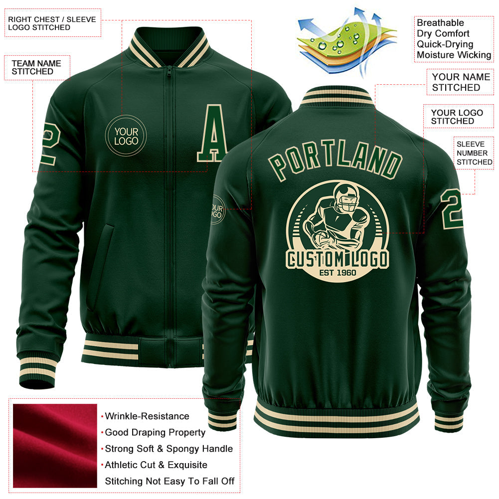 Custom Green Cream Bomber Varsity Letterman Zipper Jacket view 4