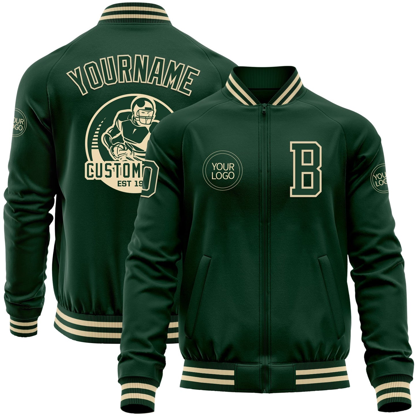 Custom Green Cream Bomber Varsity Letterman Zipper Jacket - Main View