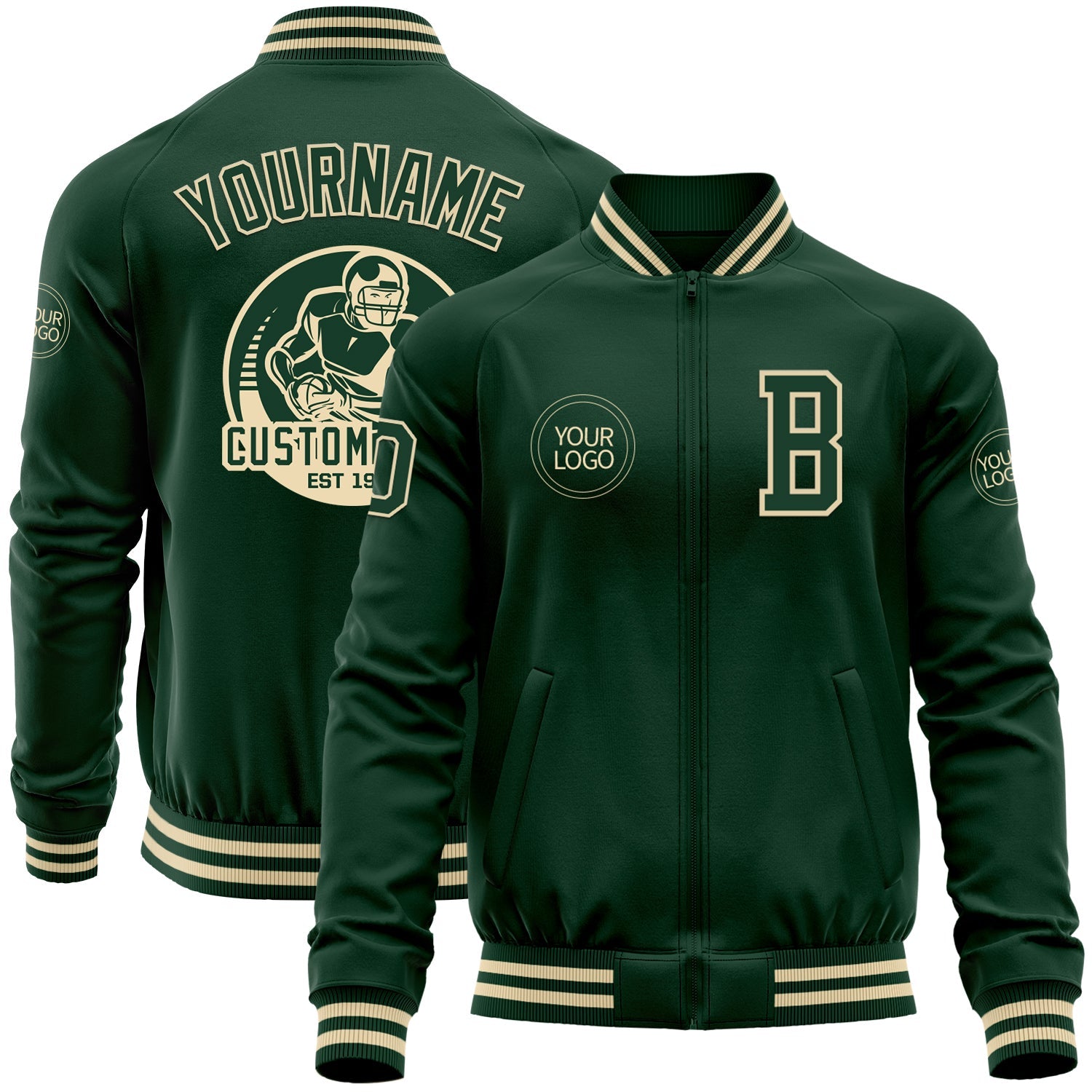 Custom Green Cream Bomber Varsity Letterman Zipper Jacket - Main View