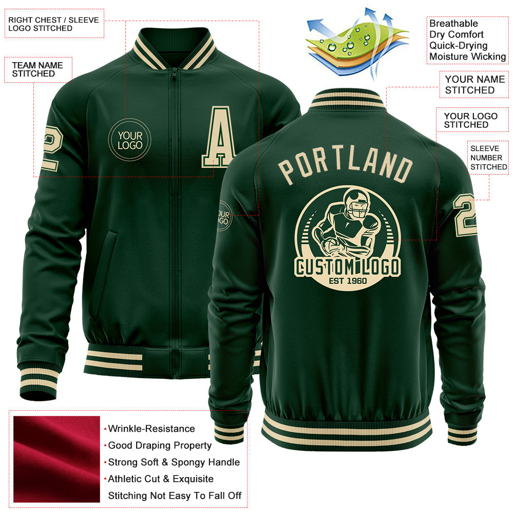 Custom Green Cream Bomber Varsity Letterman Zipper Jacket view 4