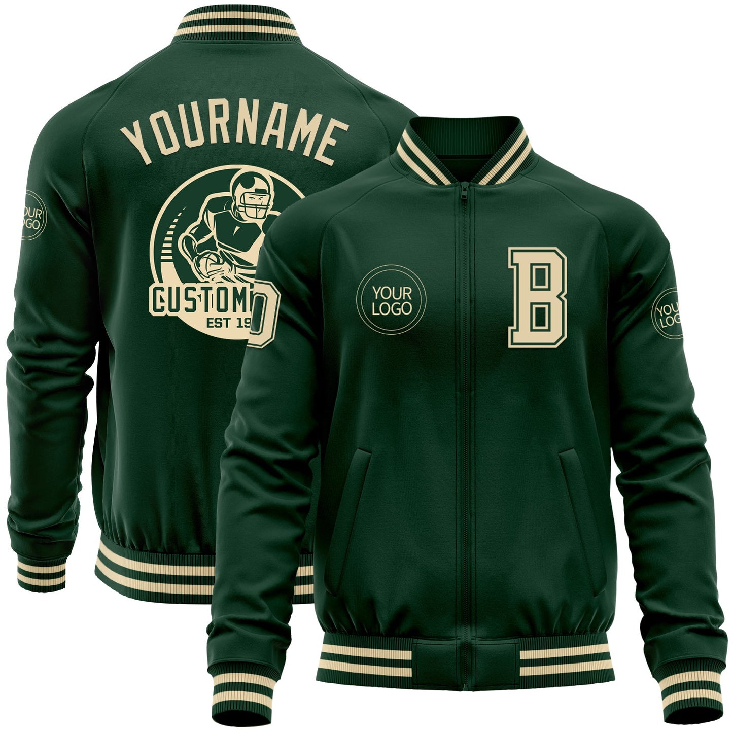 Custom Green Cream Bomber Varsity Letterman Zipper Jacket - Main View