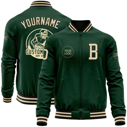 Custom Green Cream-Black Bomber Varsity Letterman Zipper Jacket - Main View