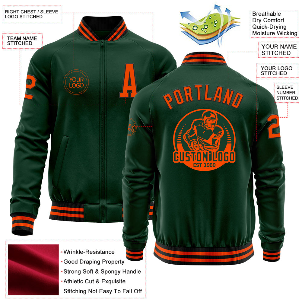 Custom Green Orange-Black Bomber Varsity Letterman Zipper Jacket view 4