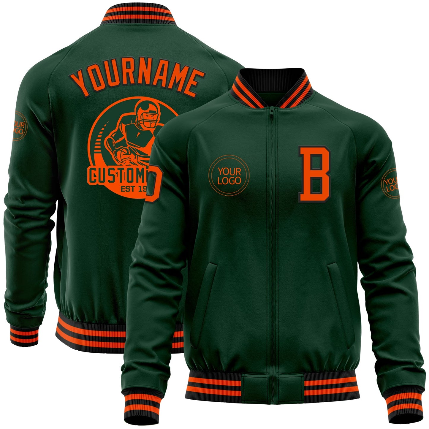 Custom Green Orange-Black Bomber Varsity Letterman Zipper Jacket - Main View