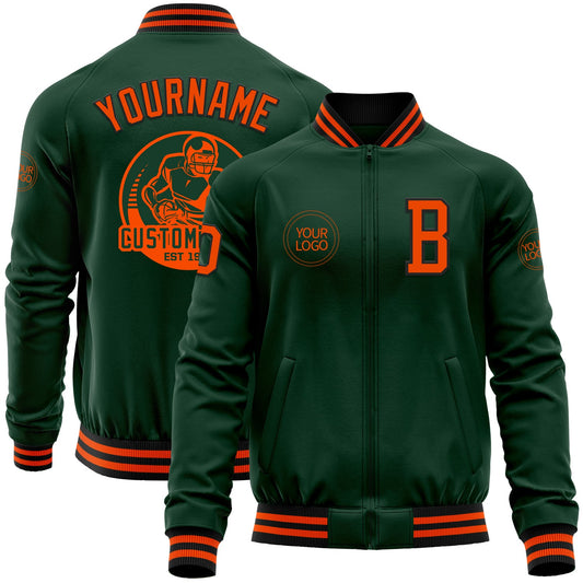 Custom Green Orange-Black Bomber Varsity Letterman Zipper Jacket - Main View